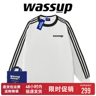 休闲长袖 T恤男女卫衣春秋宽松上衣 BEAVER国潮牌三条杠美式 WASSUP