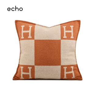 echo双面毛呢H字母家居高质量版橙色客厅沙发靠枕样板间床靠垫套