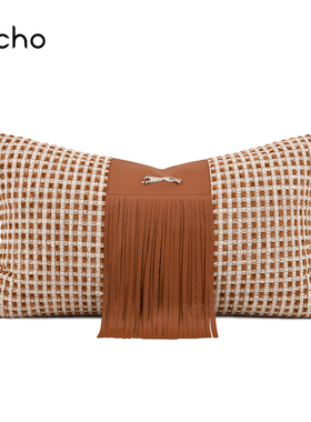 echo高级感轻奢样板间飘窗橘橙色棉麻拼接抱枕沙发床上腰枕靠垫套