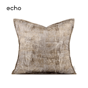 echo宋式美学中式床靠包抽象树枝米咖灰丝光感别墅样板间沙发抱枕