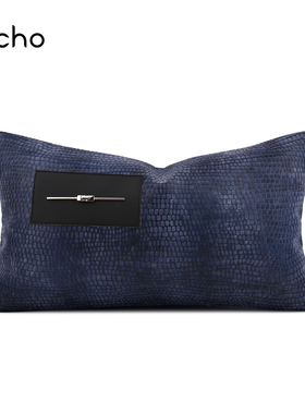 echo回声家居轻奢简约样板间深蓝色植绒皮沙发抱枕腰枕床头靠背垫