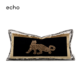 echo老钱风样板间抱枕咖色金钱豹拼接腰枕别墅沙发轻奢长条靠枕垫