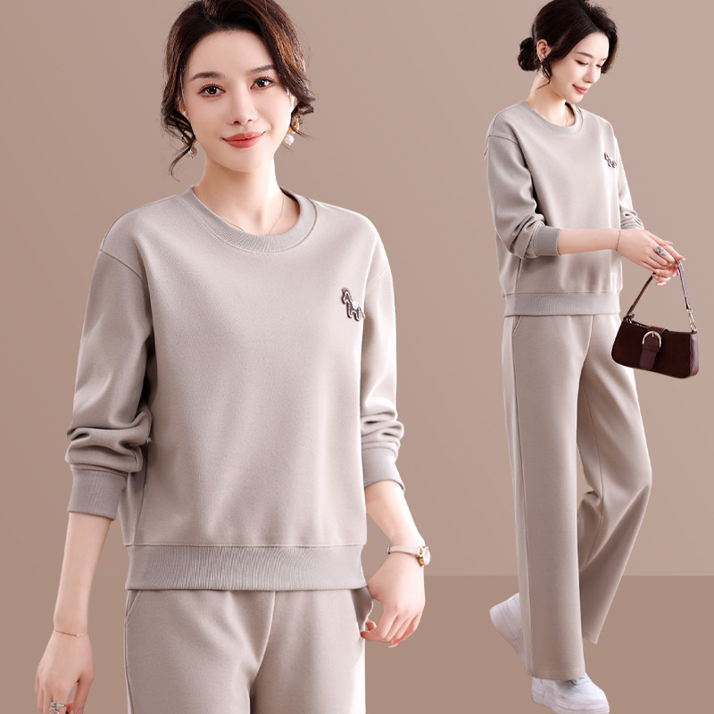 时尚休闲运动服套装中年妈妈装女士春秋宽松圆领卫衣阔腿裤两件套