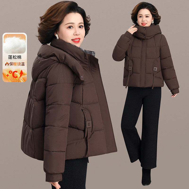 高端羽绒棉中老年女冬装加厚连帽棉服短款洋气妈妈装冬季外套棉袄