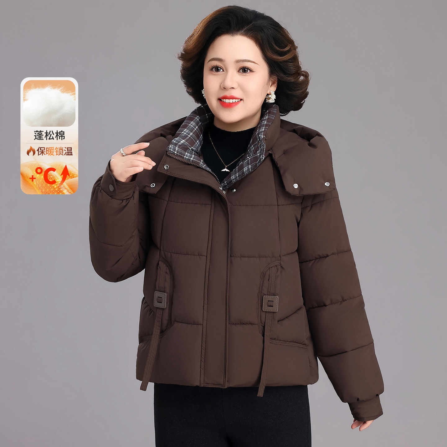 中年妈妈短款棉服女加厚连帽洋气保暖大码棉衣外套显瘦棉袄冬款