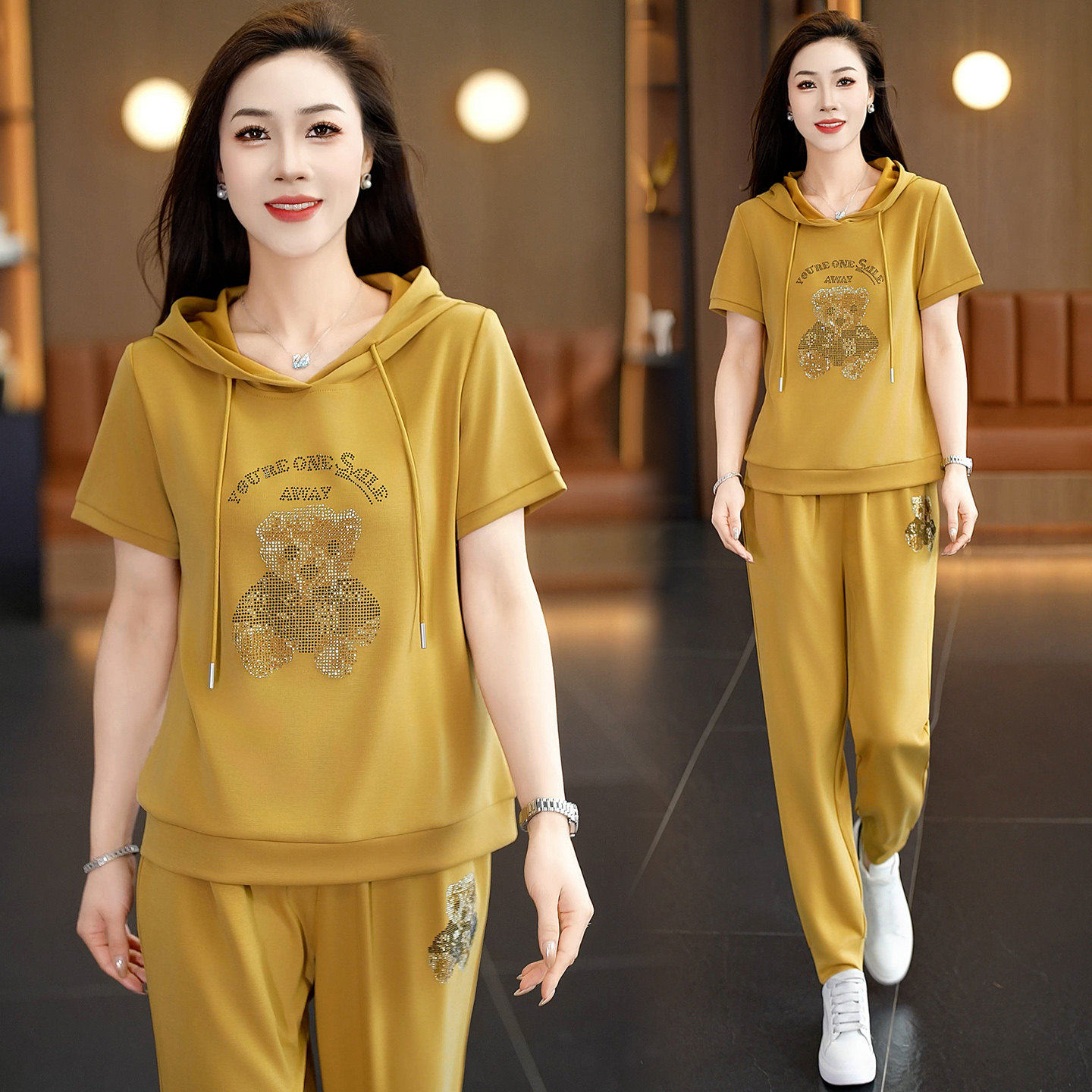 欧美风高级感休闲套装女夏季时尚妈妈烫钻连帽短袖薄款卫衣两件套