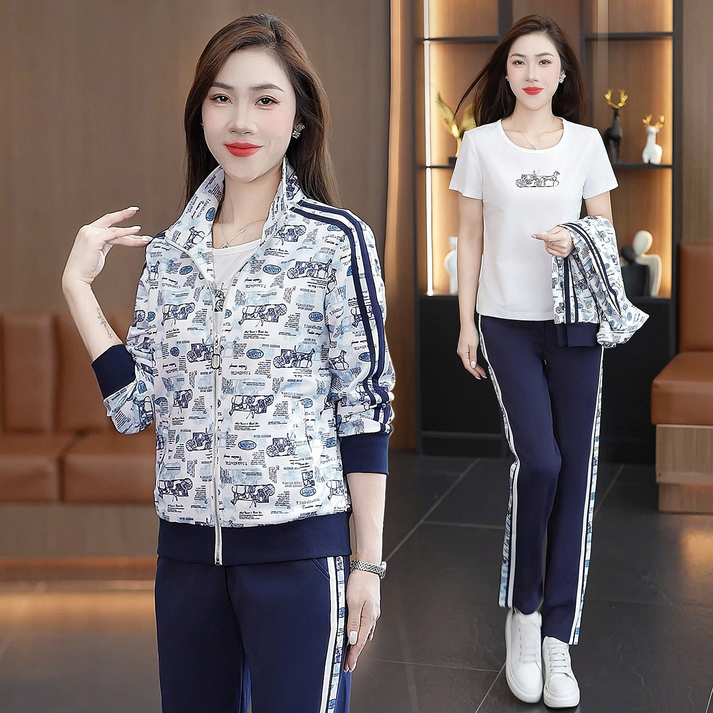 休闲跑步运动服套装女士2026新款春秋时尚显瘦立领开衫印花三件套