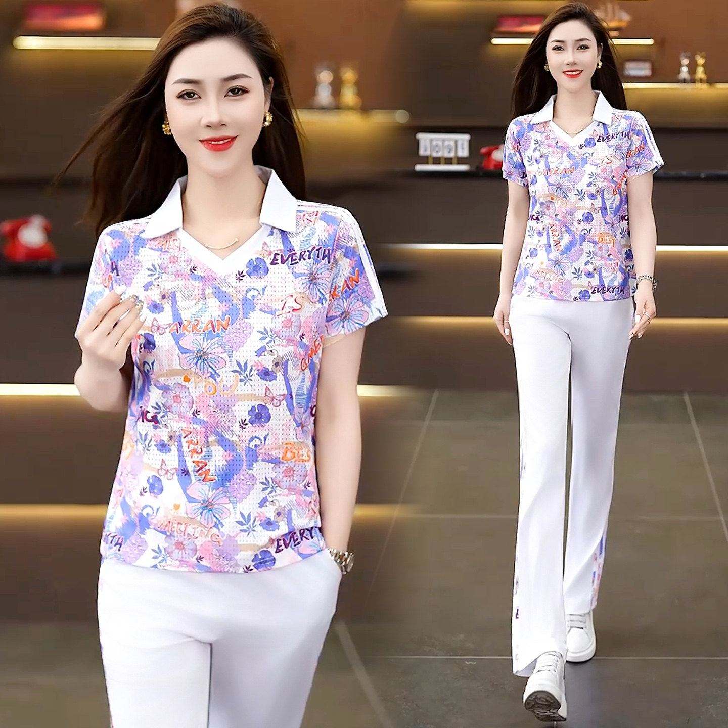 冰丝短袖运动套装女夏2026新款时尚花色减龄显瘦妈妈休闲服两件套