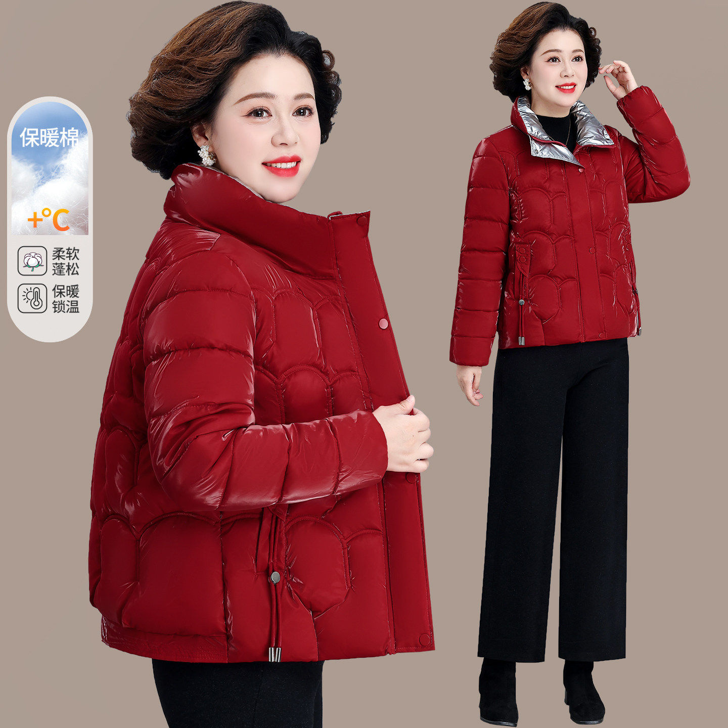 红色短款棉服女中老年妈妈冬装保暖棉衣洋气减龄外套亮面棉袄显瘦