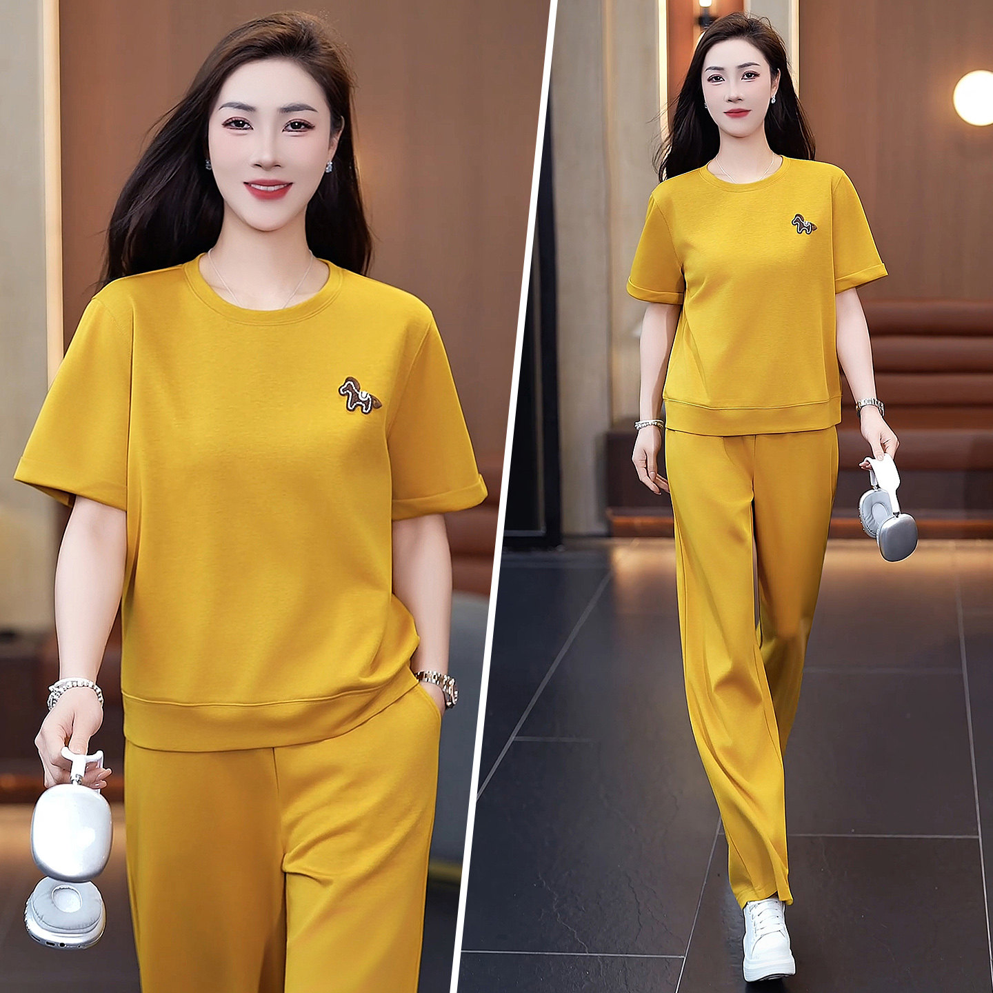 夏季女款2026年新款减龄休闲运动服宽松时尚圆领短袖长裤两件套潮
