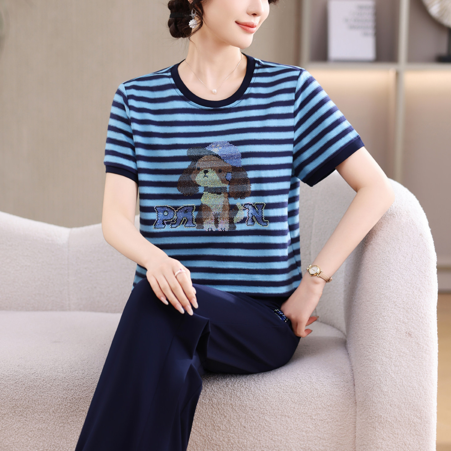 夏季运动服女套装裤子两件套气质韩版高级感时尚洋气减龄条纹短袖