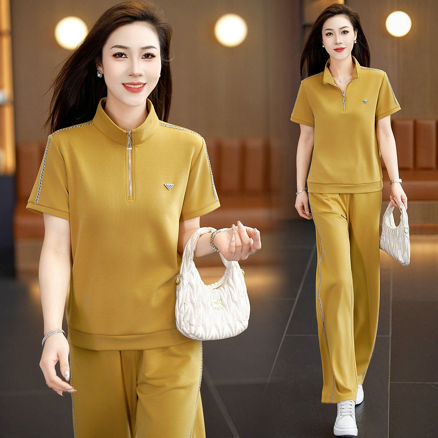 夏季套装女高级感2026新款时尚洋气短袖长裤薄款休闲运动服两件套