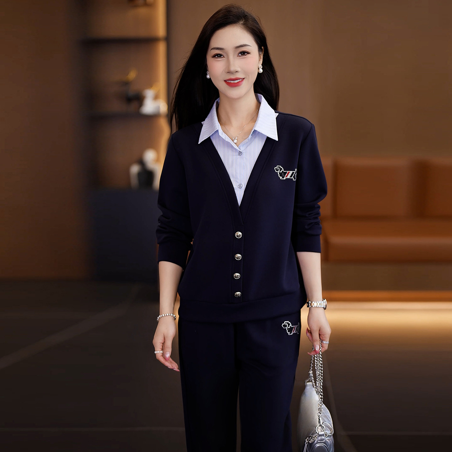 韩版时尚假两件休闲套装女秋季长袖阔腿裤减龄显瘦翻领卫衣两件套
