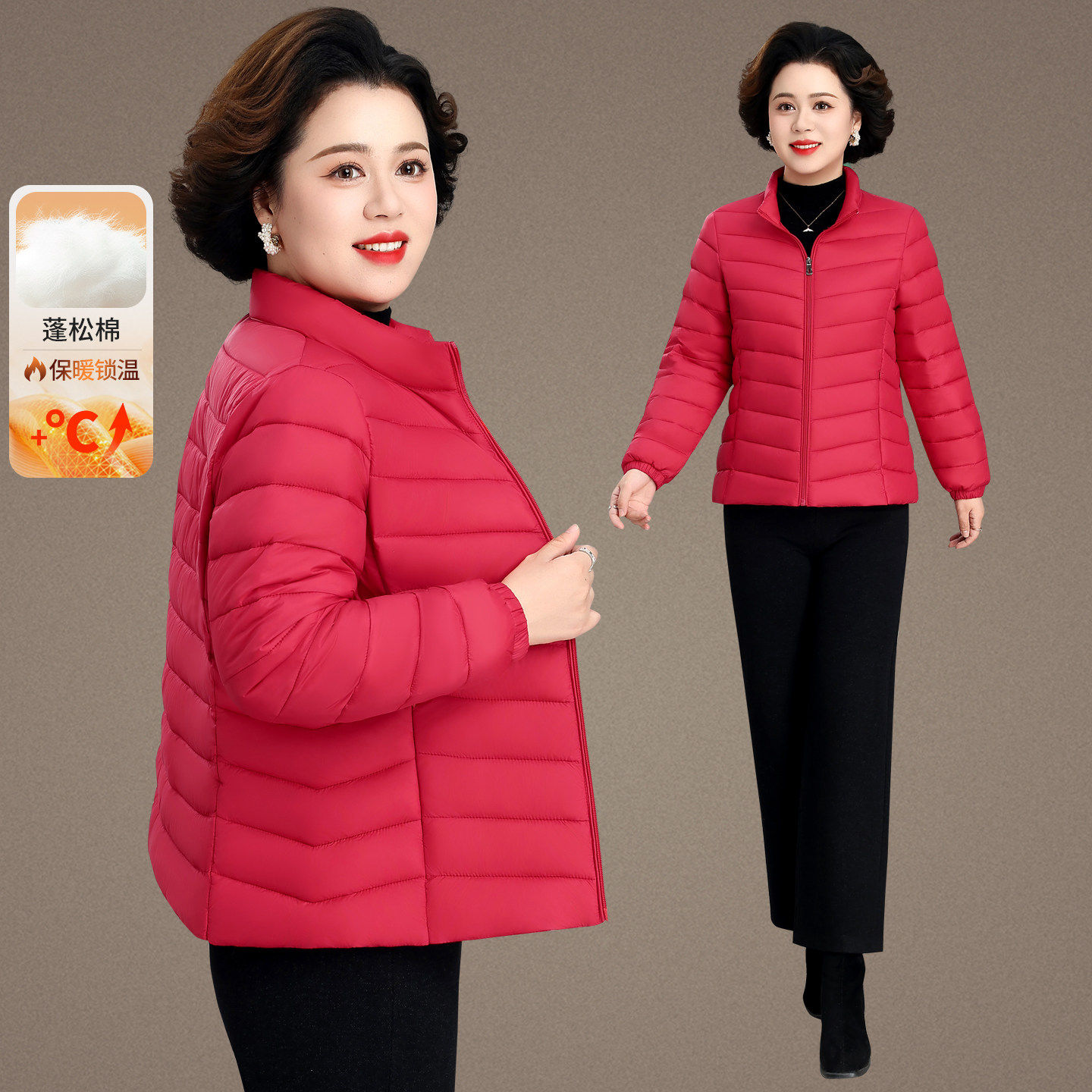 立领短款拉链棉服女2026款中老年妈妈装红色保暖轻薄外套冬季棉袄