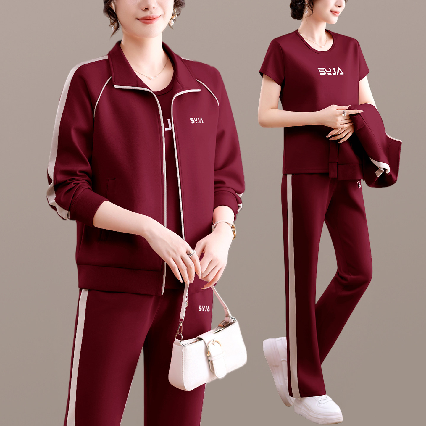 妈妈春装外套洋气休闲上衣气质新款中老年运动服套装女春秋三件套