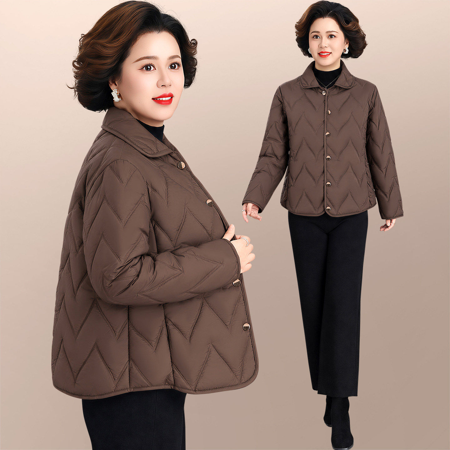 棉服女款2026新款冬季时尚气质轻薄款小棉袄中年妈妈翻领保暖外套