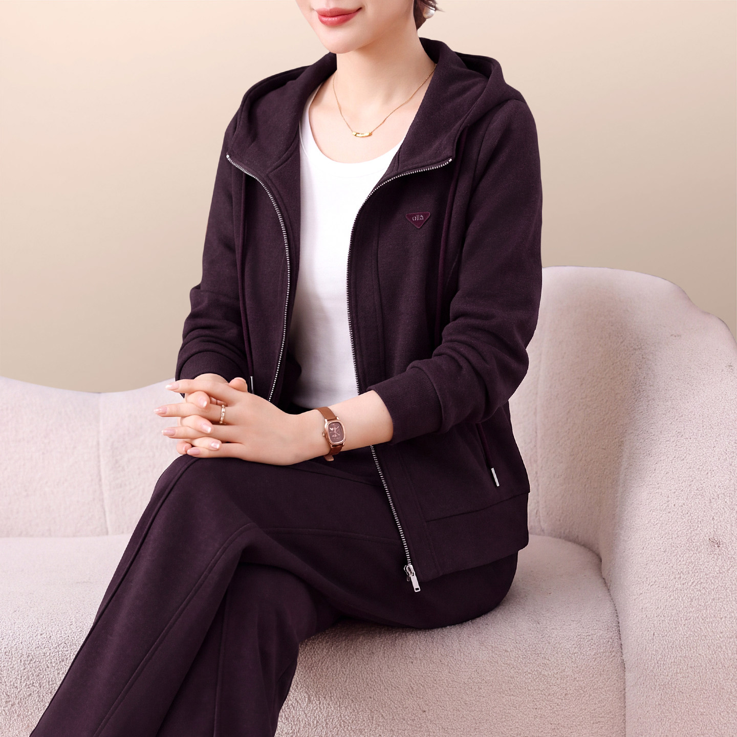 运动套装女款春秋季2026新款妈妈户外休闲时尚连帽卫衣显瘦两件套
