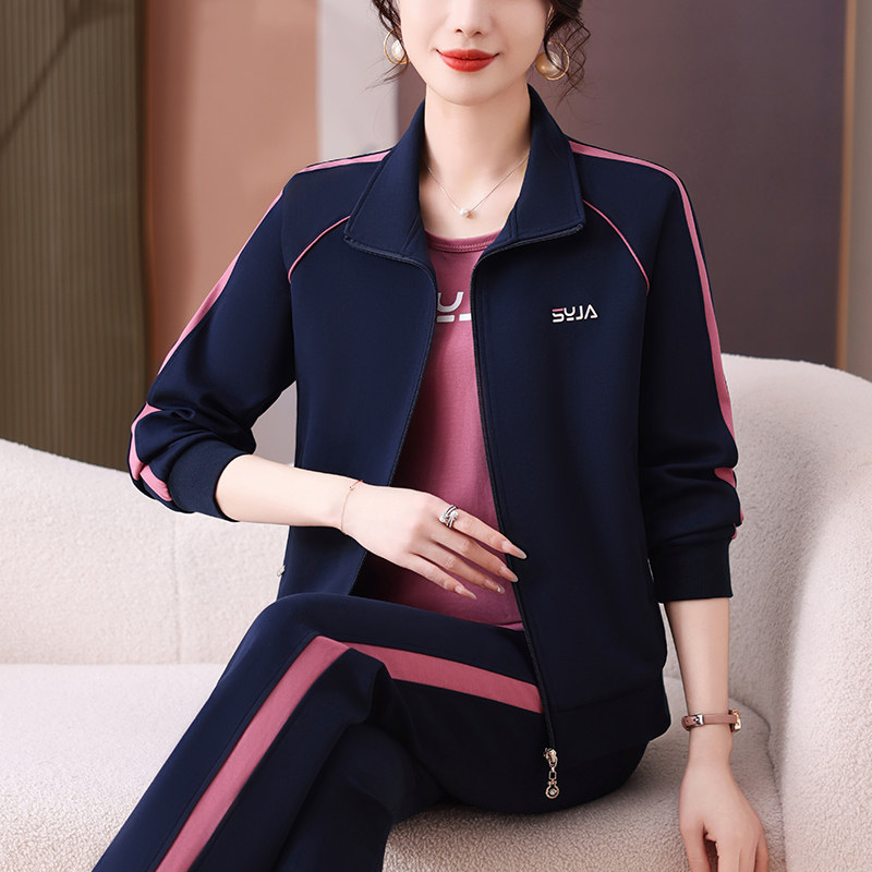 妈妈春装外套洋气休闲上衣气质新款中老年运动服套装女春秋三件套
