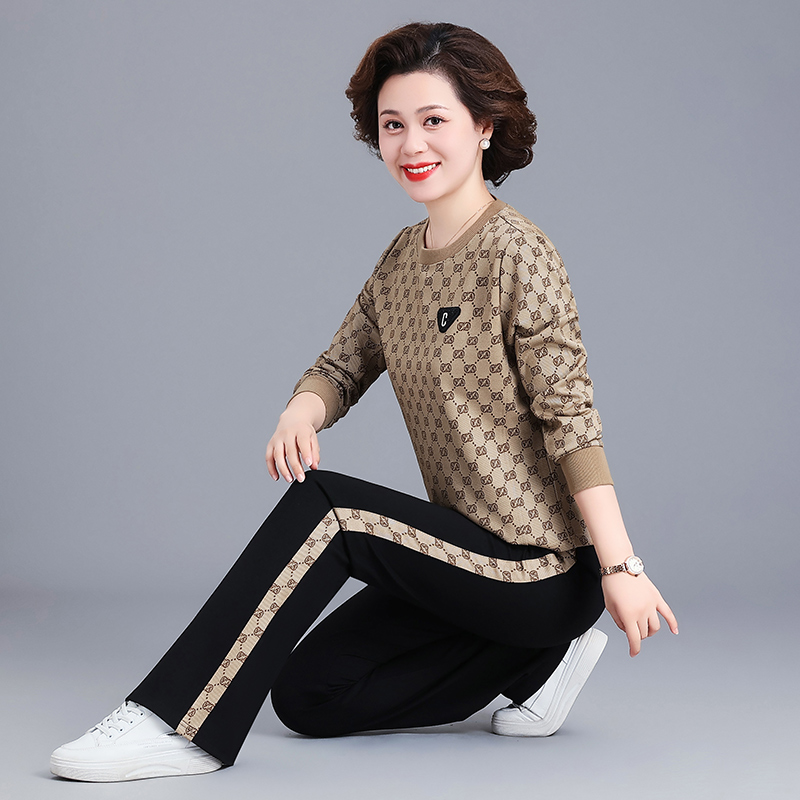 妈妈装2024秋季新款时尚印花卫衣两件套中老年休闲运动套装女春秋
