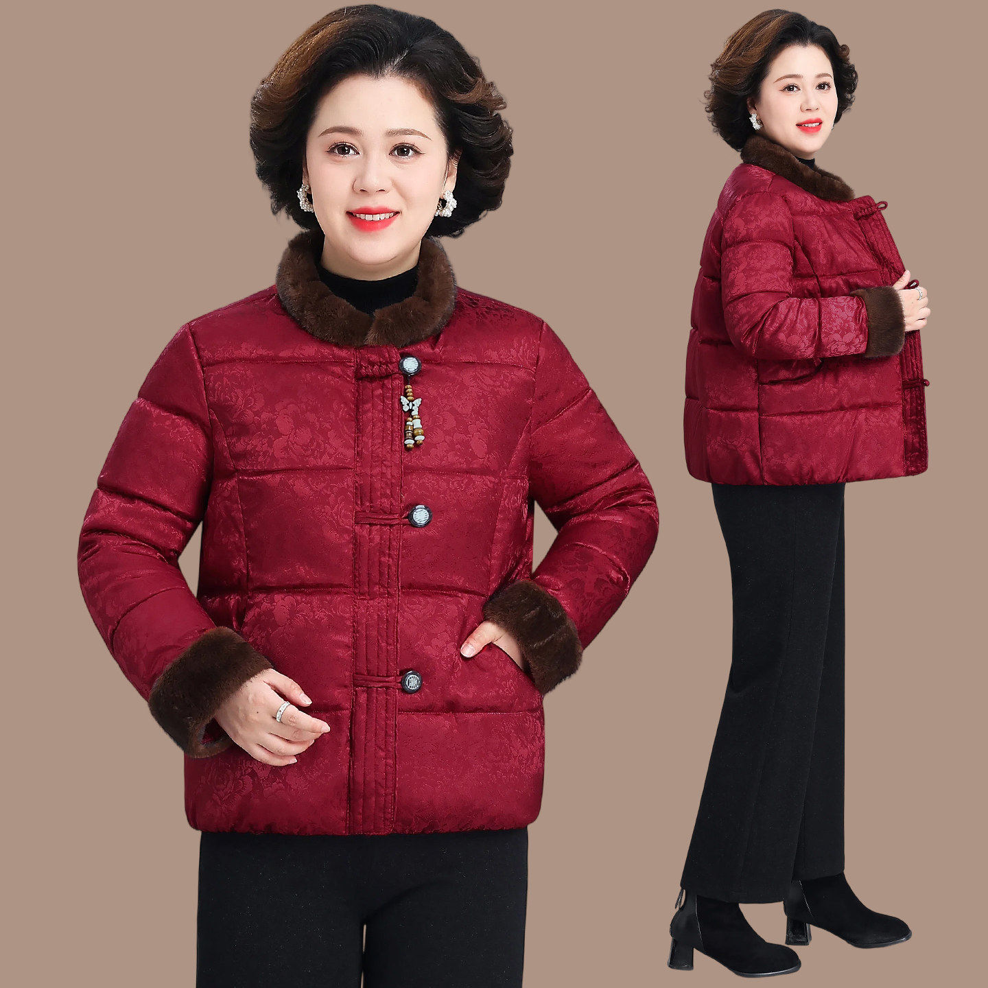 新中式毛领盘扣棉服女短款中老年妈妈装保暖外套洋气气质百搭棉袄