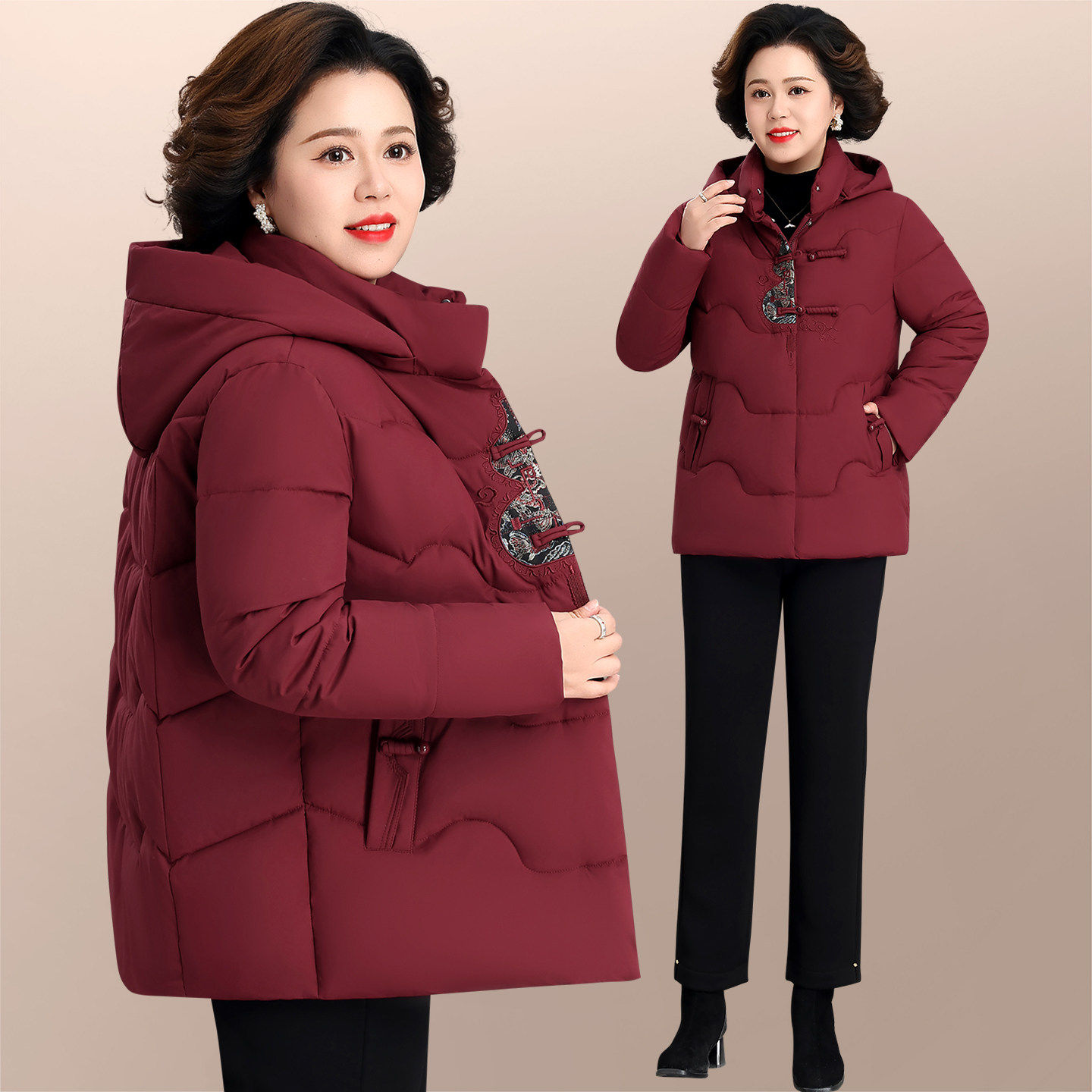 中年妈妈冬装棉服外套2026新款冬季刺绣花色连帽加厚保暖上衣棉袄