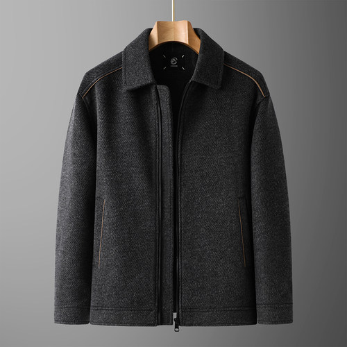 秋冬季新款大码男士翻领羊毛呢外套加肥胖子宽松商务休闲呢子夹克