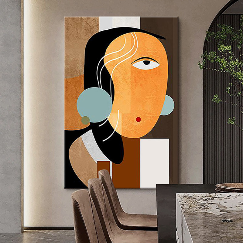 简约现代达芬奇抽象人物几何手绘油画客厅挂画小众艺术玄关装饰画