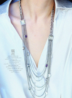 No.401 Lucky Brand 重工朋克 镀纯银紫水晶金属铆钉多层链条项链