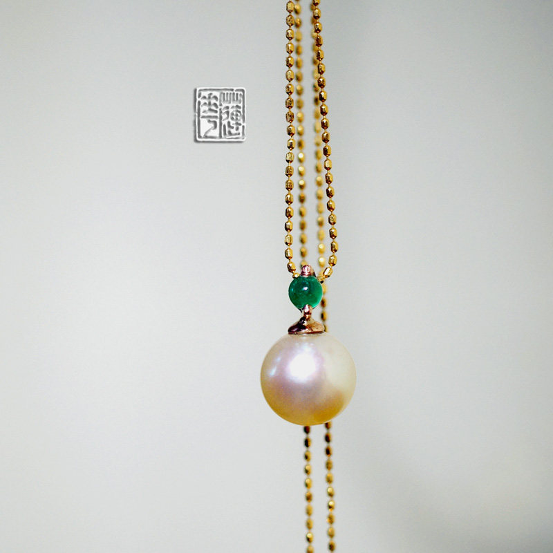 字里行间┊南洋天然海水粉金珍珠祖母绿18k玫瑰金吊坠