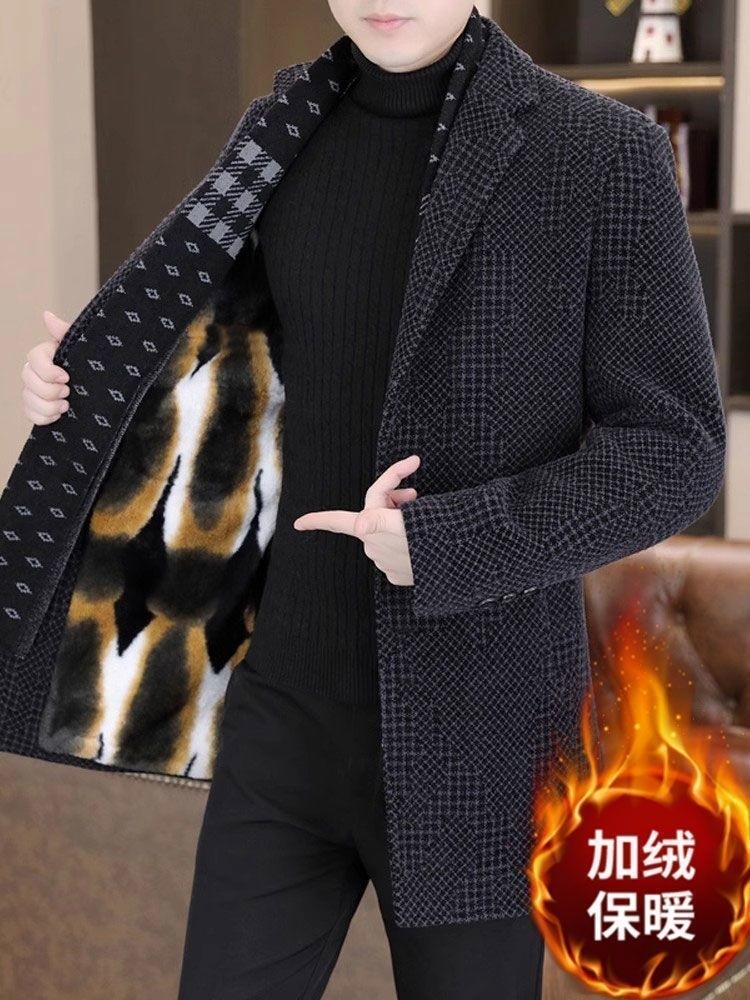 秋冬季金貂绒毛呢大衣男中长款商务休闲加绒加厚西装呢子风衣外套