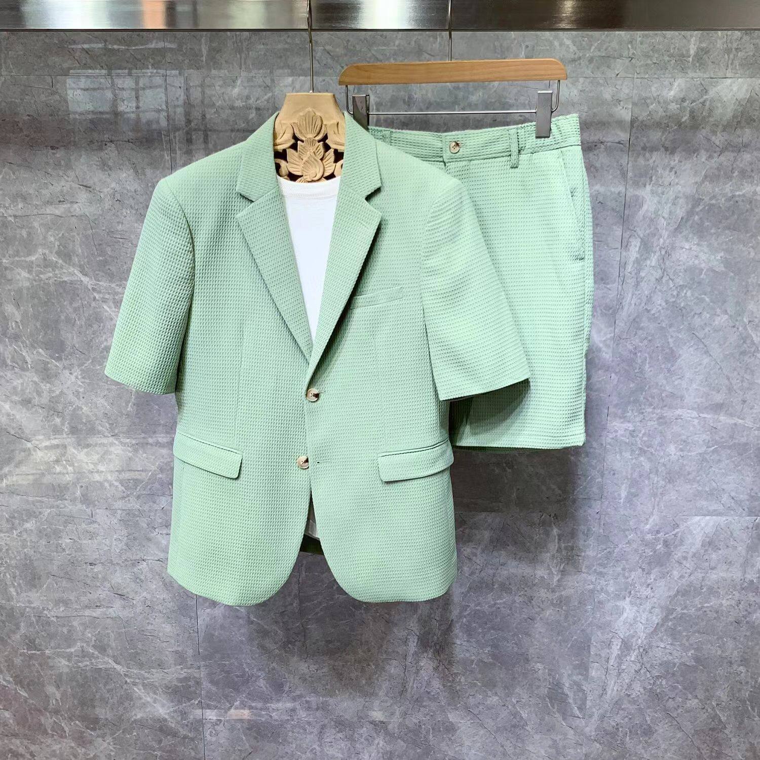 欧洲站男士短袖短裤两件套夏季薄款休闲外套高级感炸街西装套装潮