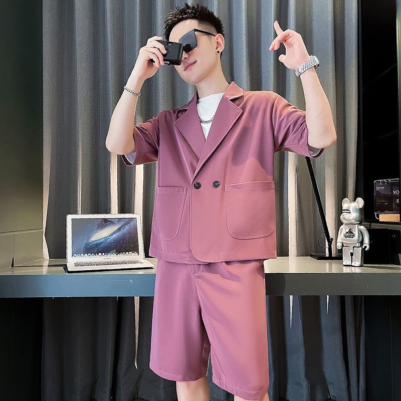 厂家冰丝垂感短袖西服套装男夏季薄款微阔版型舒适百搭休闲西装两