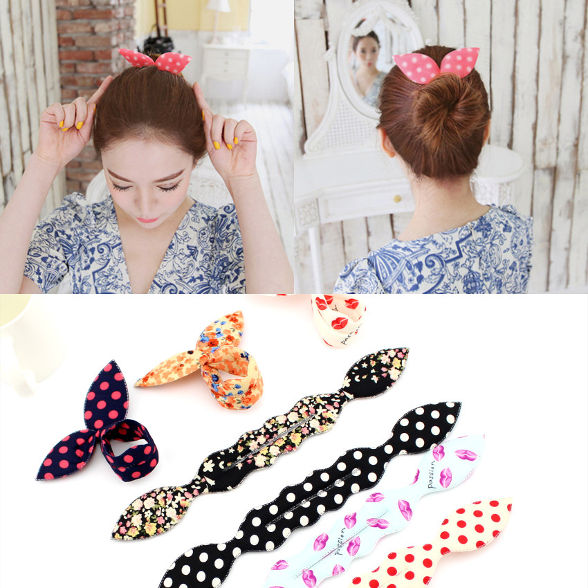 韩国兔耳朵百变盘发器丸子头花苞头美发棒造型工具可爱蝴蝶结发饰