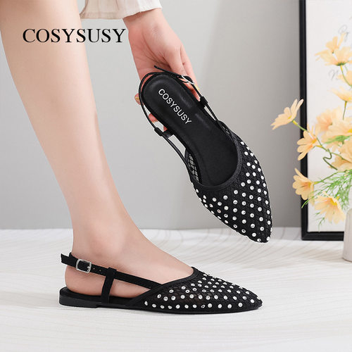 时尚水钻平底包头凉鞋春夏外穿气质网纱单鞋Pointed-toe sandals