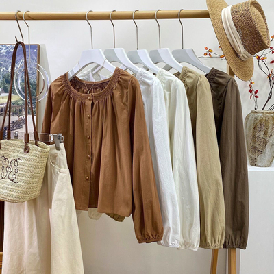 法式复古褶皱圆领长袖衬衫女早秋温柔洋气质显瘦百搭娃娃小衫上衣