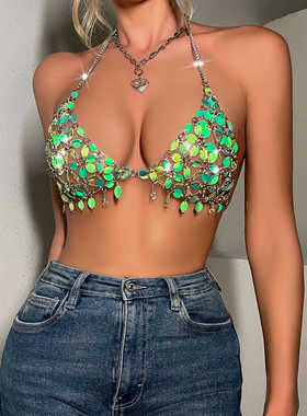 2024欧美亚马逊热销性感手工制作焕彩叶挂脖吊带背心上衣女21381