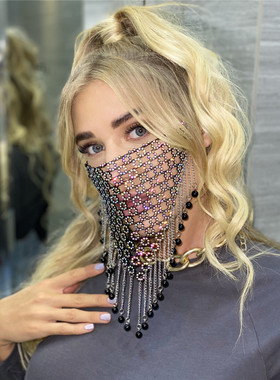 新款设计网格镂空口罩花朵水钻吊坠钻珠子装饰品金属流苏面罩1254