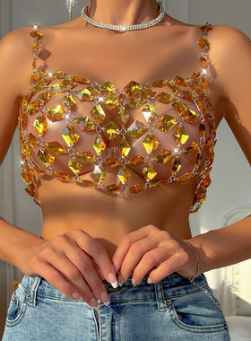 2024欧美速卖通跨境货源夏季新款夜店性感宝石吊带镂空上衣L20929