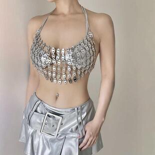 2024欧美风夜店性感亚克力拼接挂脖短款 抹胸性感露背小背心L21210