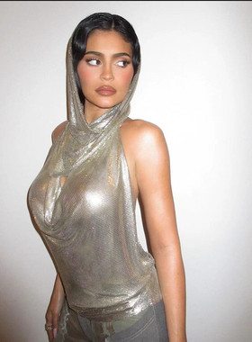 欧洲站外贸女装夜店后背开叉金属亮片吊带上衣头巾两件套Z20293