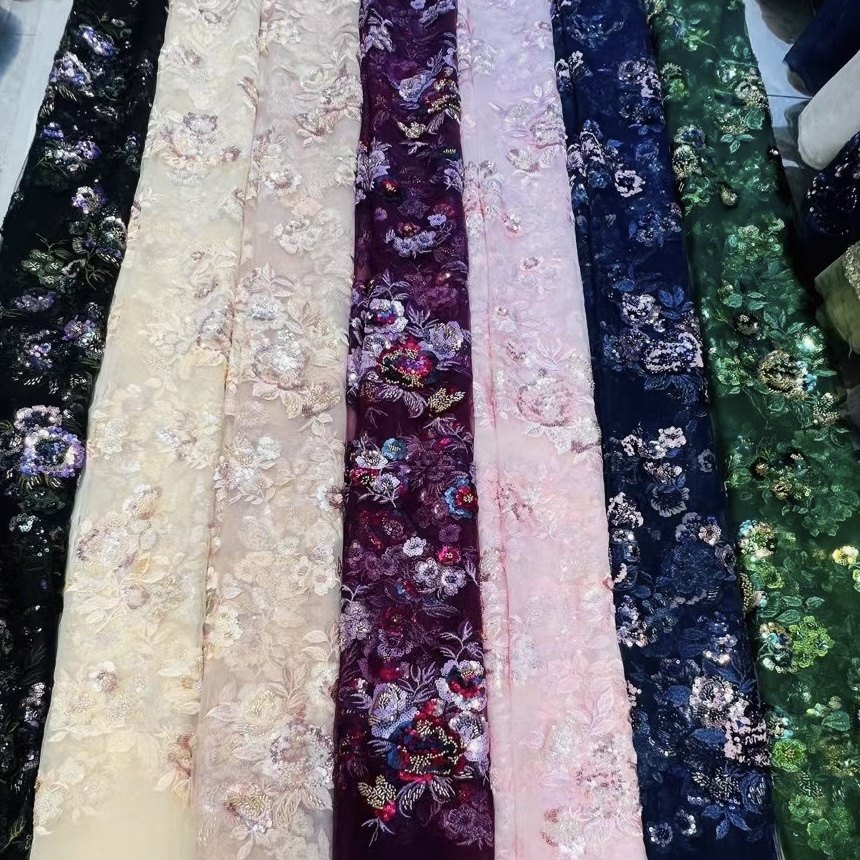 N111跨境彩色珠绣亮片大花朵立体刺绣网纱面料订制洋服布料粉色