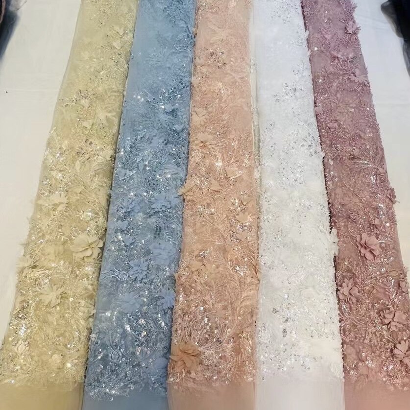 N107跨境彩色珠绣亮片立体贴花树枝刺绣网纱面料订制洋服布料粉色