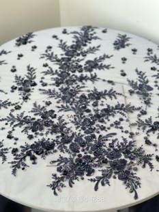 N78蓝色立体钉珠亮片珍珠米珠刺绣蕾丝面料礼服布料汉服古装 辅料