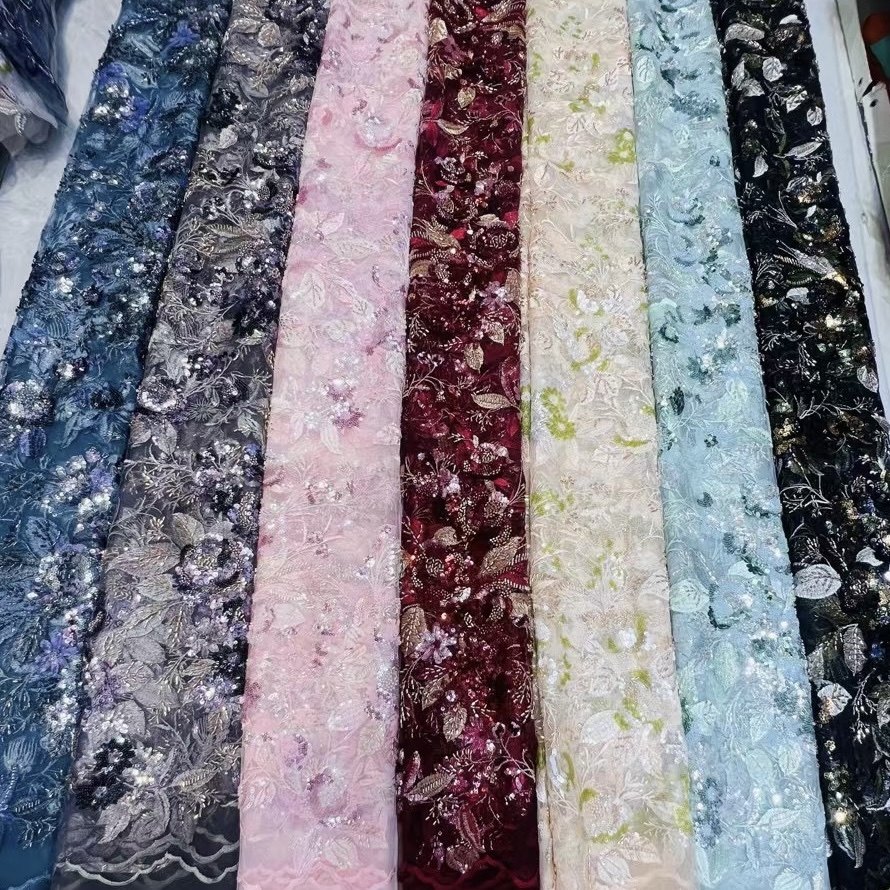 N110跨境彩色珠绣亮片大花朵立体刺绣网纱面料订制洋服布料粉色