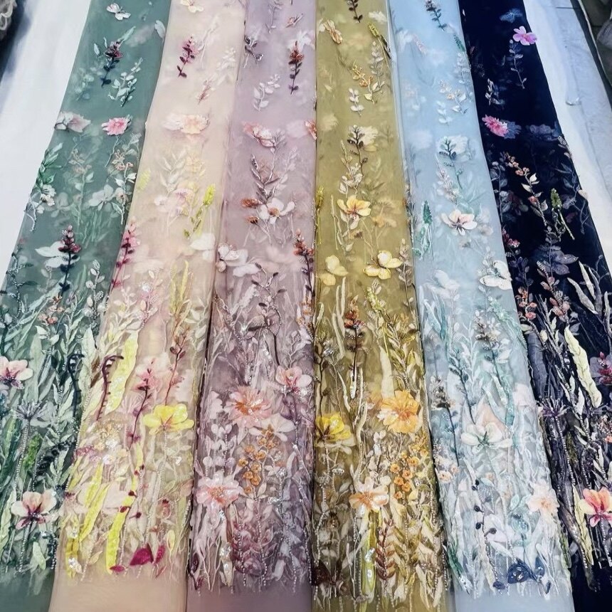 N56跨境彩色珠绣亮片立体贴片刺绣网纱面料水草定位布料粉色