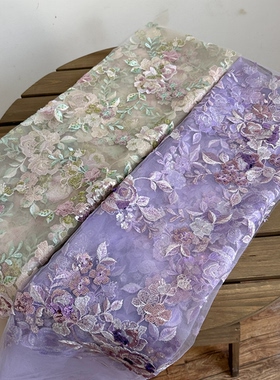 N60绿粉色亮片花朵立体刺绣网纱蕾丝面料布料服装定制旗袍料紫色