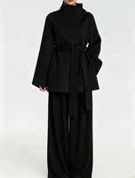 A Korean-style black laid-back high-necked woolen overcoat with a high-end feminine charm, a cinched waist and double-sided tweed coat thumbnail 3