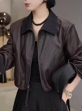 翻领短款皮衣外套女欧货2025秋季时尚洋气显瘦加棉小个子夹克上衣