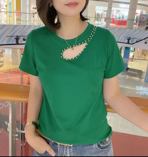 欧货漏洞钉珠棉t恤女2024夏季修身显瘦短袖体恤露肩上衣女打底