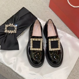 断码福利真皮水钻方扣单鞋女新款复古RV一脚蹬厚底乐福鞋小皮鞋